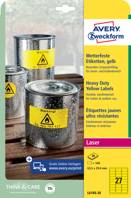 Etiket Avery L6105-20 63.5x29.6mm geel 540 stuks