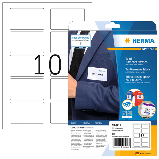 Name/textile labels removable A4, 80 x 50 mm, separable white made of acetate si
