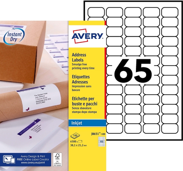 Etiket Avery J8651-100 38.1x21.2mm wit 6500stuks