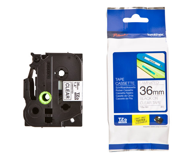 Labeltape Brother P-touch TZe-161 standaard 36mm zwart op transparant