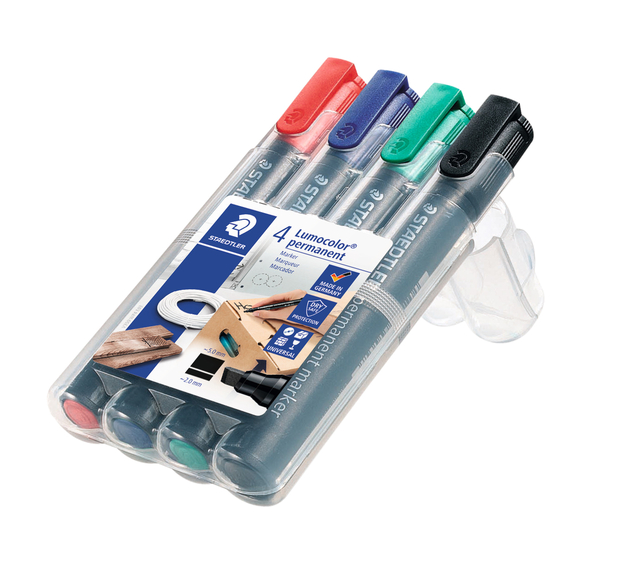 Viltstift Staedtler Lumocolor 350 permanent schuin set à 4 stuks assort