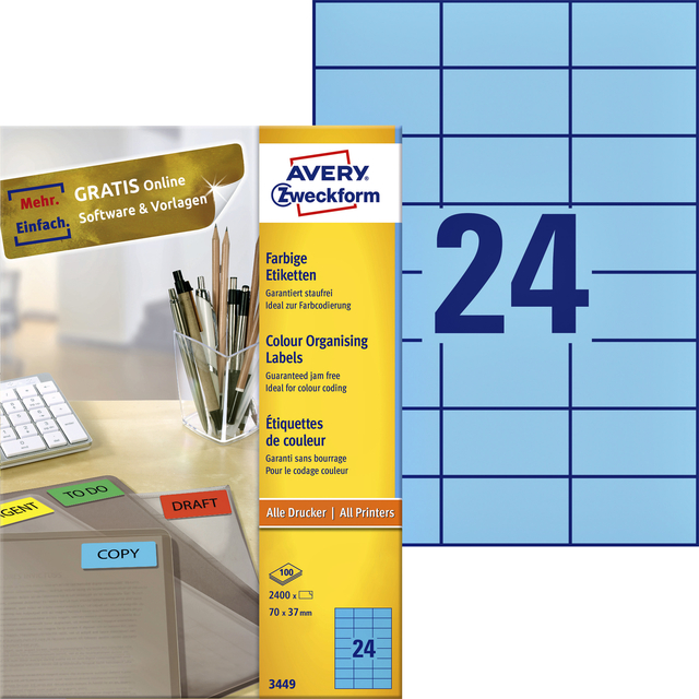 Etiket Avery 3449 70x37mm blauw 2400 stuks