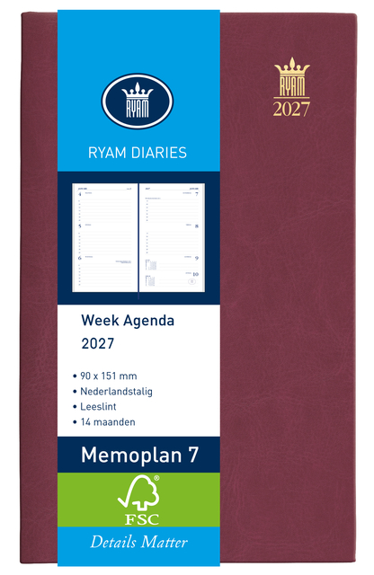 Agenda 2027 Ryam Memoplan 7 Mundior 7dagen/2pagina's bordeaux