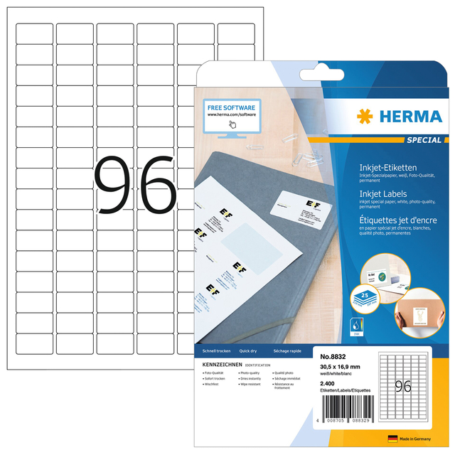 Inkjet labels A4, 30,5 x 16,9 mm, white, permanent adhesion