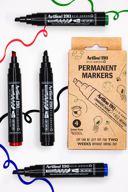 Permanent marker Artline 190  Dry Safe Eco schuin 2-5mm assorti 4 stuks