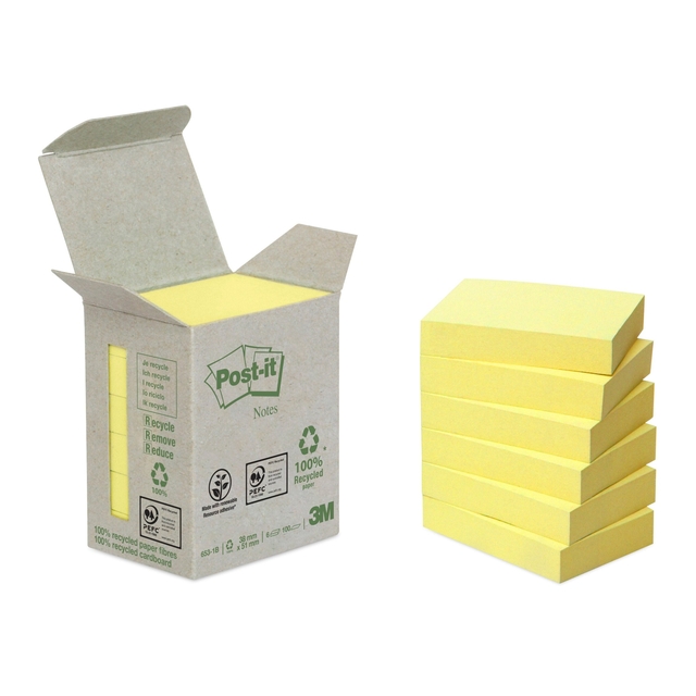 Memo pad Post-it 653-1B recycled 38x51mm canary yellow 6 pieces