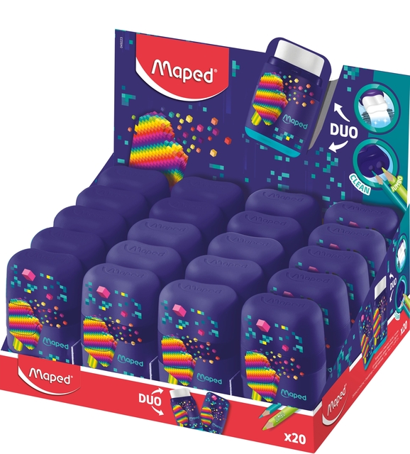 Puntenslijper Maped Pixel Party Connect 2-gaats met gum display à 20 stuk