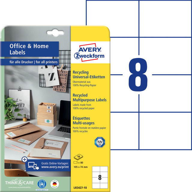 Etiket Avery LR3427-10 105x74 mm recycled wit 80 stuks