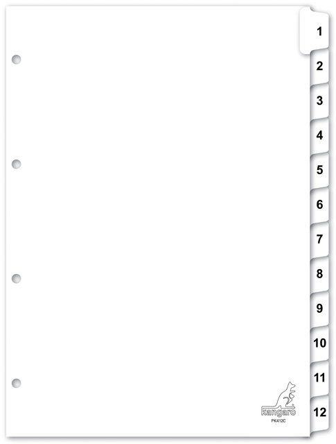 Dividers Kangaro A4 cardboard 190 grs 4 holes 12 tabs numbered white