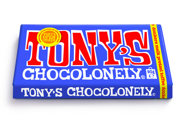 Chocolade Tony's Chocolonely donkere melk pretzel toffee reep 90 gram