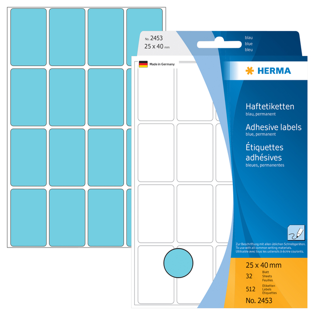 Multi-purpose labels, 25 x 40 mm, blue, permanent adhesion, for hand lettering