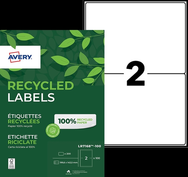 Etiket Avery LR7168-100 199.6x143.5mm recycled wit 200 stuks