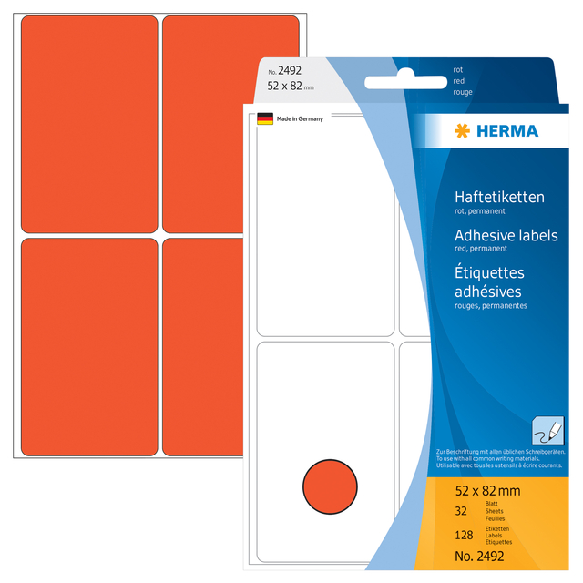 Multi-purpose labels, 52 x 82 mm, red, permanent adhesion, for hand lettering