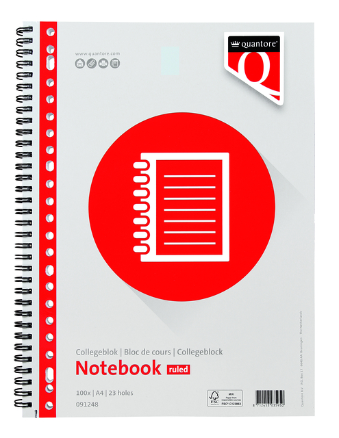 Collegeblok Quantore A4 lijn 23-gaats 200 pagina's 70gr