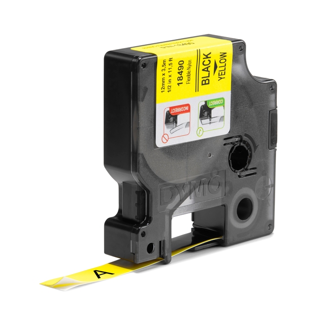 Labeltape Dymo Rhino industrieel nylon 12mm zwart op geel