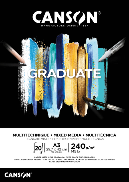 Tekenblok Canson Graduate Mixed Media black paper A3 20vel 240gr