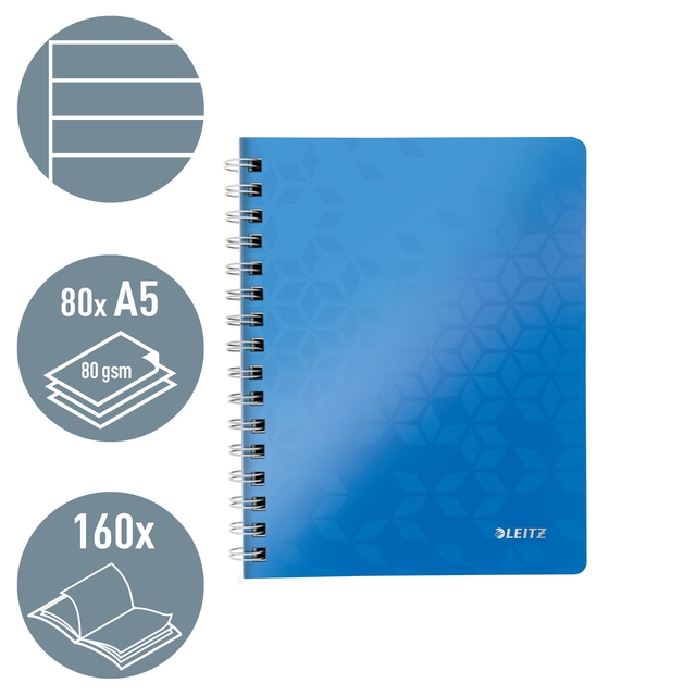 Notitieboek Leitz WOW A5 spiraal PP lijn blauw