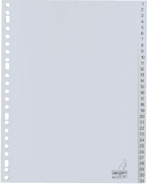 Dividers Kangaro A4 PP 120 micron 23 holes 31 tabs numbered grey
