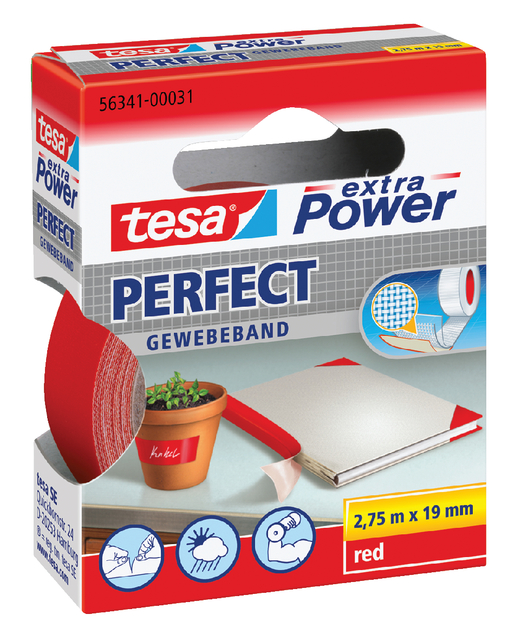 tesa extra Power Perfect extra strong self-adhesive cloth tape,2.75m:19mm,  red