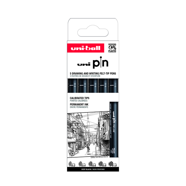 Fineliner Uni-ball Pin ASP009 set à 5 breedtes zwar