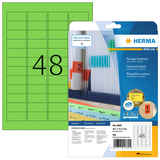 Coloured labels A4, 45,7 x 21,2  mm, green, removable