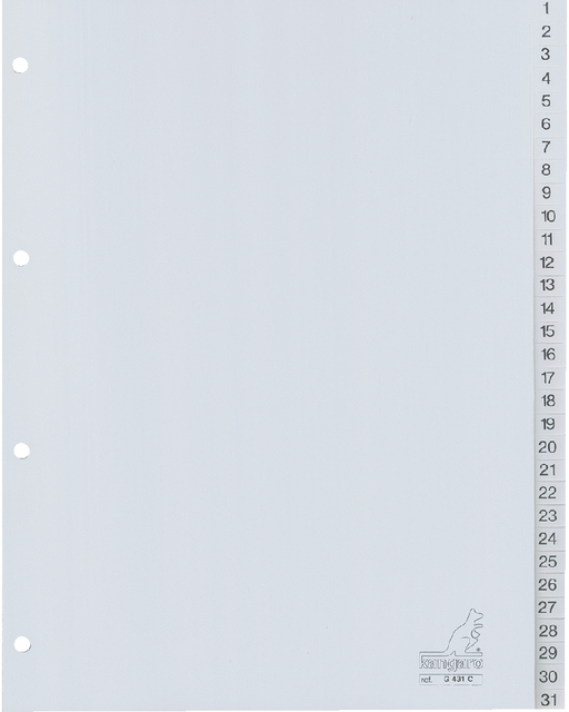Dividers Kangaro A4 PP 120 micron 4 holes 31 tabs numbered grey