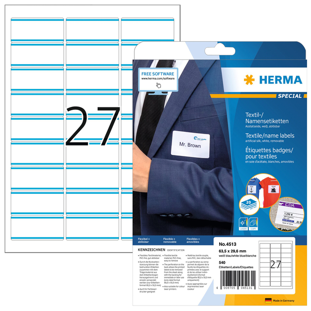 Name/textile labels removable A4, 63,5 x 29,6 mm, white/blue stripes made of ace