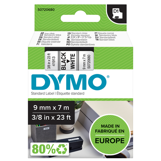 Dymo Tape 9mmx7M Bk/Wht 40913/S0720680
