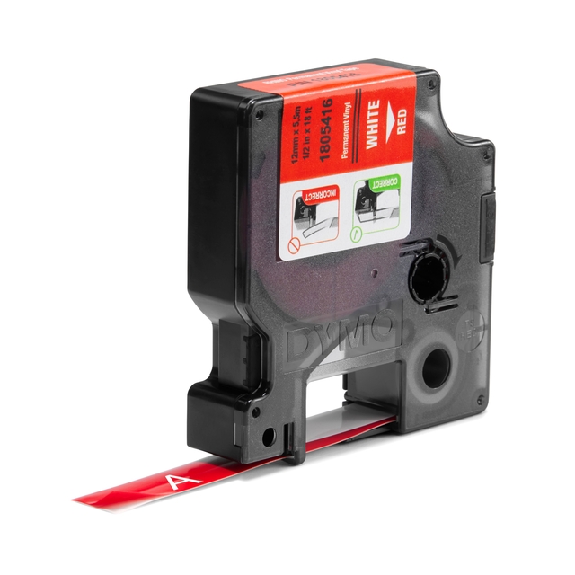 Labeltape Dymo Rhino industrieel vinyl 12mm wit op rood