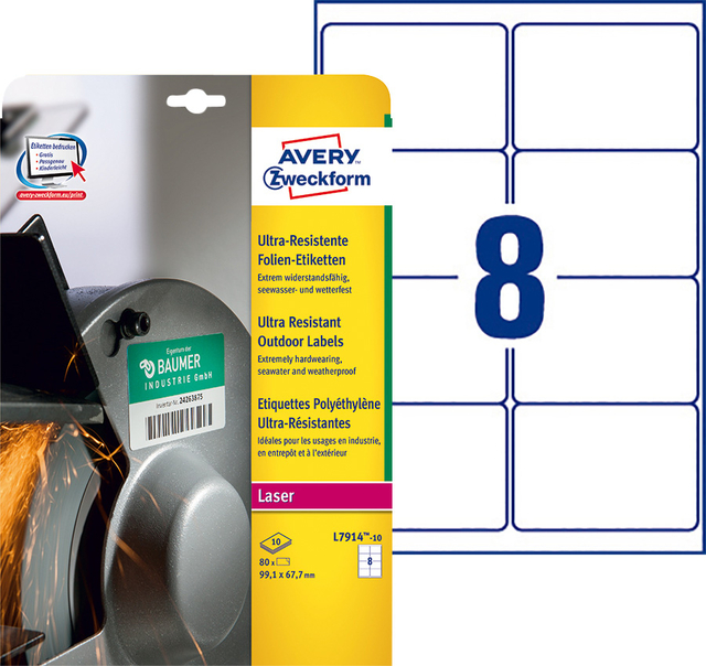 Etiket Avery Zweckform L7914-10 99.1x67.7mm polyester wit 80stuks