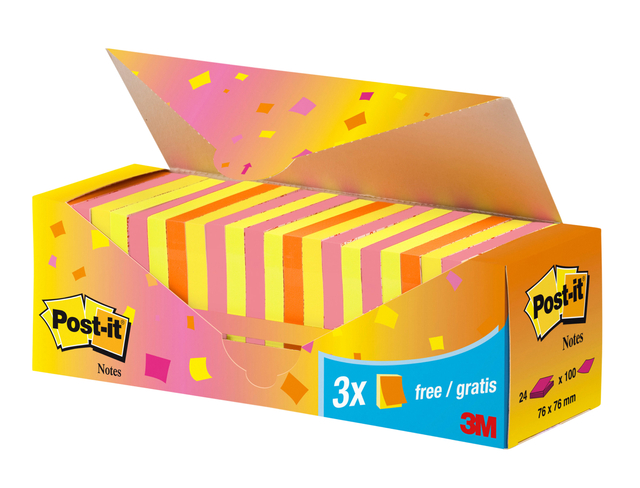 Memo pad 3M Post-it 654 76x76mm neon assorted 21 + 3 free