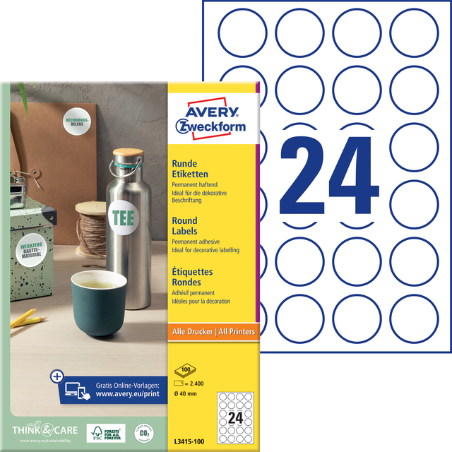 Etiket Avery L3415 rond 40mm wit 2400 stuks