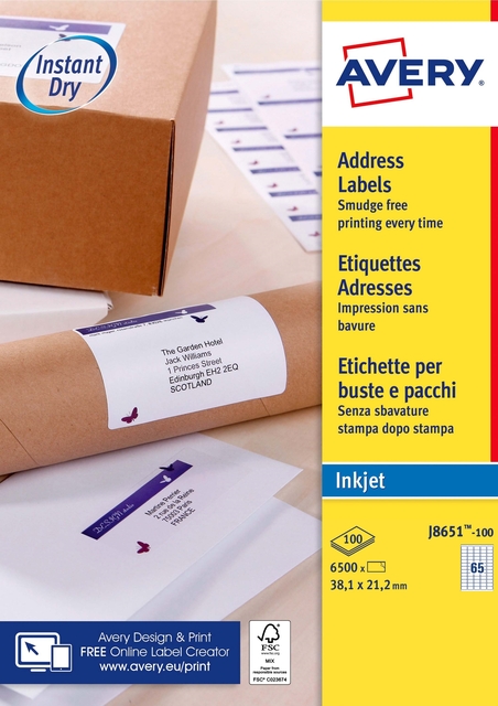 Etiket Avery J8651-100 38.1x21.2mm wit 6500stuks