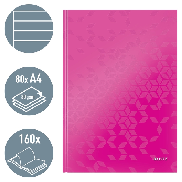 Notitieboek Leitz WOW A4 160blz 90gr lijn roze