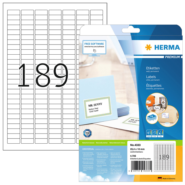 Label HERMA 4333 25.4x10mm A4 4725 labels