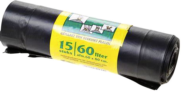 Vuilniszak Komo 60 liter met trekband zwart rol à 15 stuk