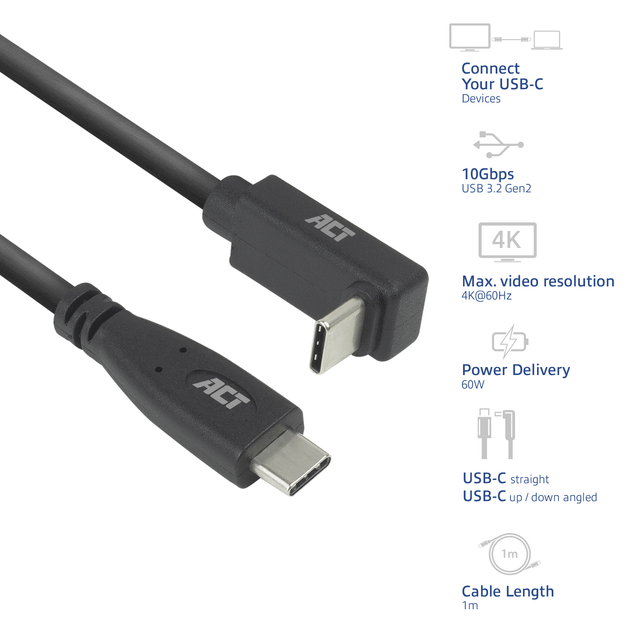 Kabel ACT USB-C standaard naar USB-C hoek boven/beneden 10Gbps 1m