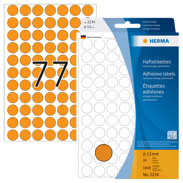 Etiket HERMA 2234 rond 13mm fluor oranje 1848 stuks