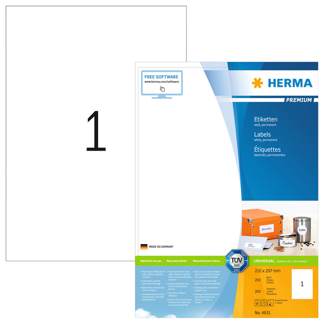 PREMIUM labels A4, 210 x 297 mm, white, permanent adhesion