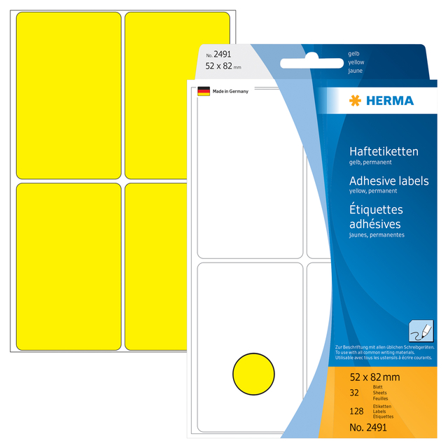 Etiket HERMA 2491 52x82mm geel 128 stuks