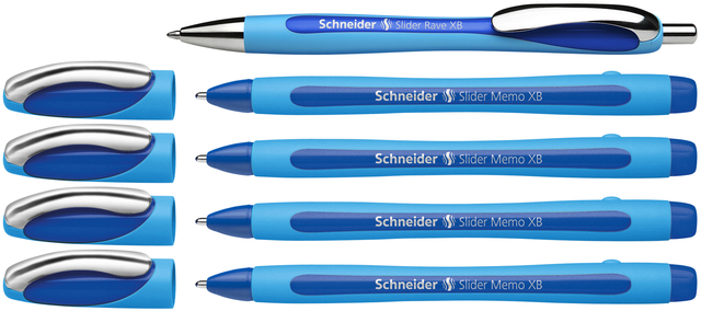 Balpen Schneider Slider Memo XB  blauw 4st + 1 gratis Slider balpen