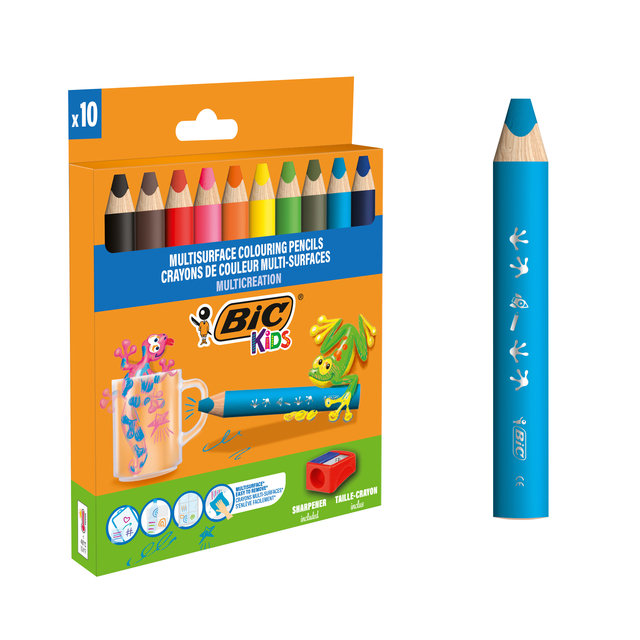 Kleurpotloden BicKids Multi Surface inclusief puntenslijper assorti pak à 10 stuk