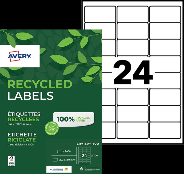 Etiket Avery LR7159-100 63.5x33.9mm recycled wit 2400 stuks