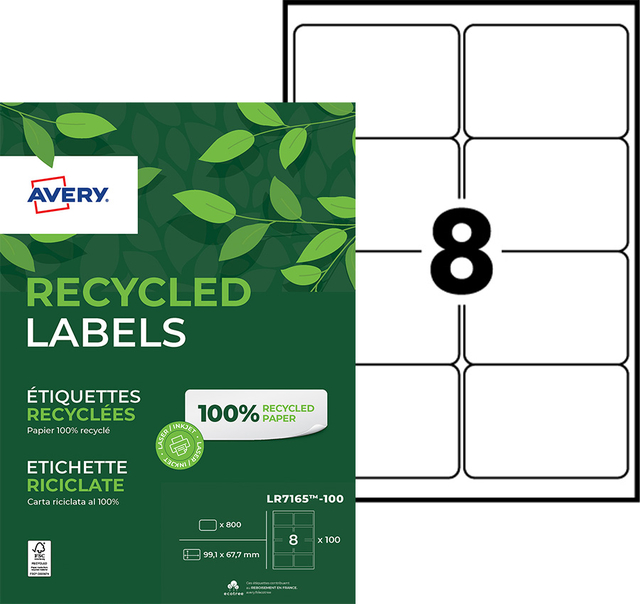 Etiket Avery LR7165-100 99.1x67.7mm recycled wit 800 stuks
