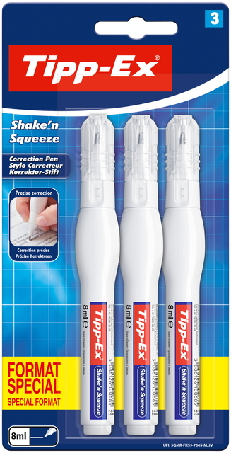 Correctiepen Tipp-ex Shake 'n Squeeze 8ml blister à 3 stuk