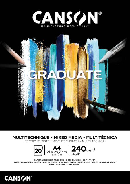 Tekenblok Canson Graduate Mixed Media black paper A4 20vel 240gr
