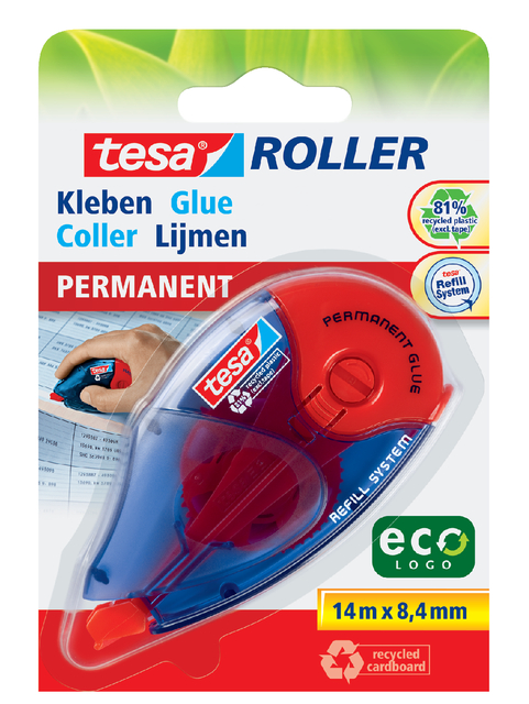 tesa Roller Permanent Gluing ecoLogo, adhesive roller, 14m:8.4mm, refill system