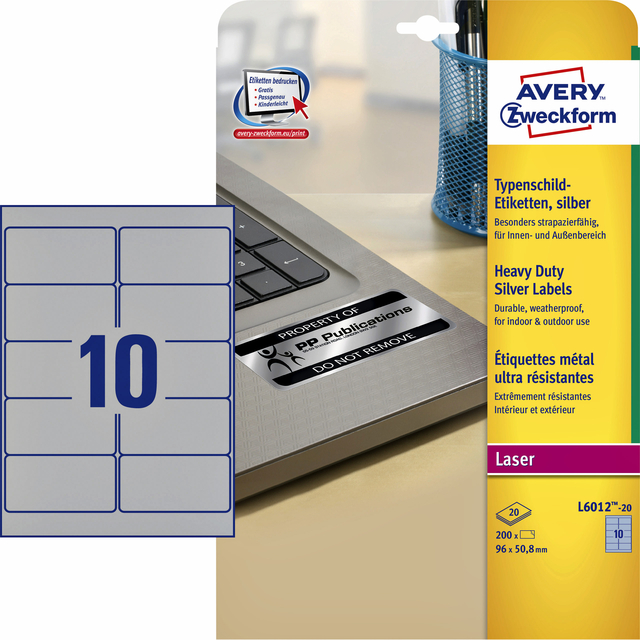 Avery HDuty Labels 96x50.8 Slvr L6012-20