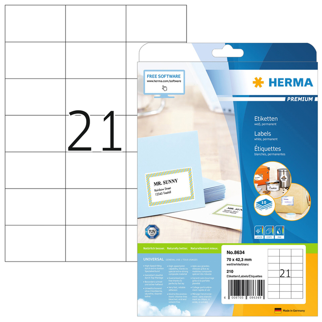Etiket HERMA 8634 70x42.3mm premium wit 210 stuks