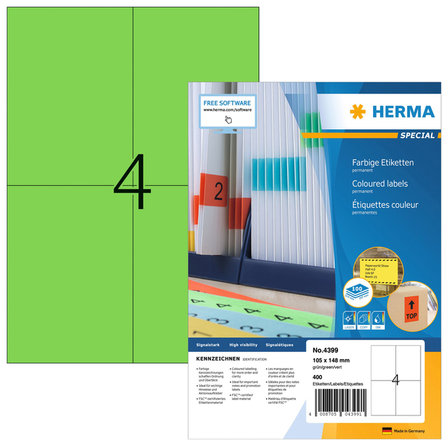 Coloured labels A4, 105 x 148 mm, green, permanent adhesion